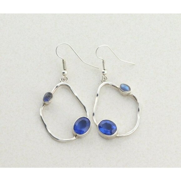 Sterling Silver Blue CZ and Moonstone Earrings Dangle Drop Earrings - Picture 4 of 7